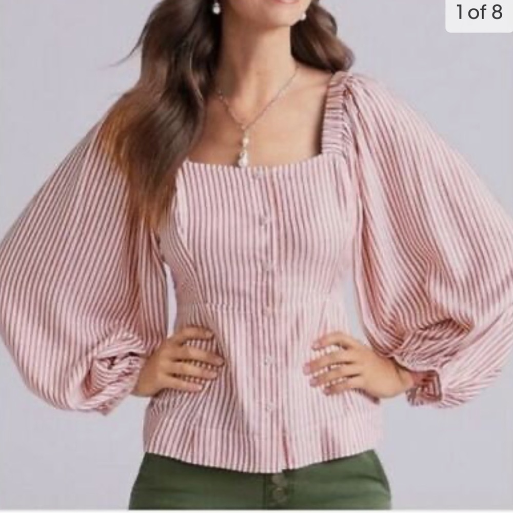 CABI Womens XS Bishop Sleeve Square Neck Top #5890 Red White Stripe Carnival - Picture 1 of 6